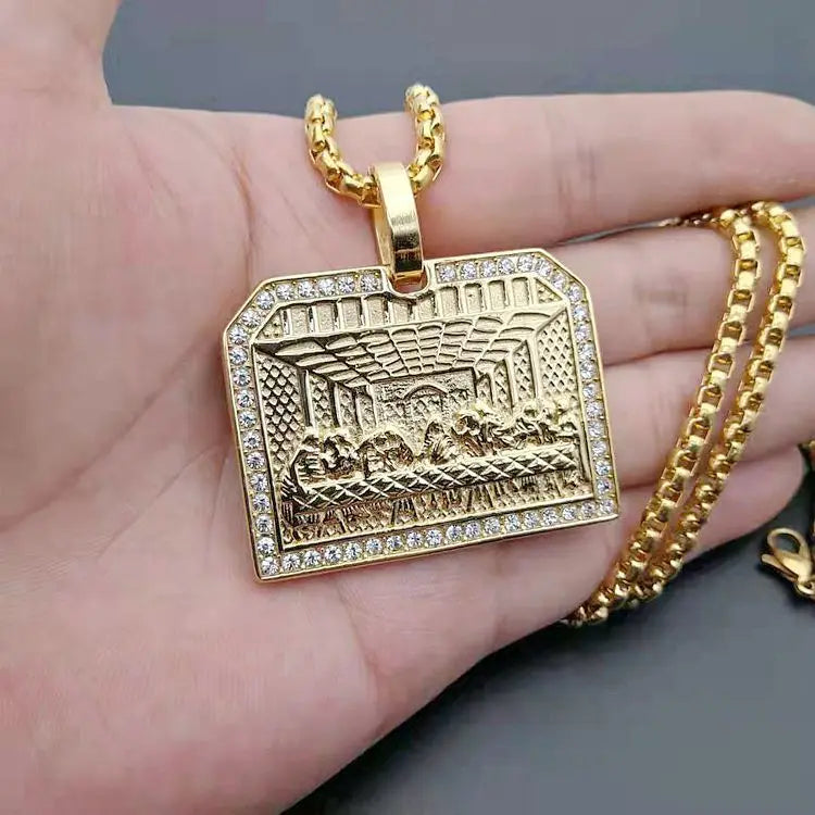 Stainless Steel Last Supper Pendant Gold Color Iced Out Bling Zircon Round Necklace For Men Father's Day Gift Hip Hop Jewelry