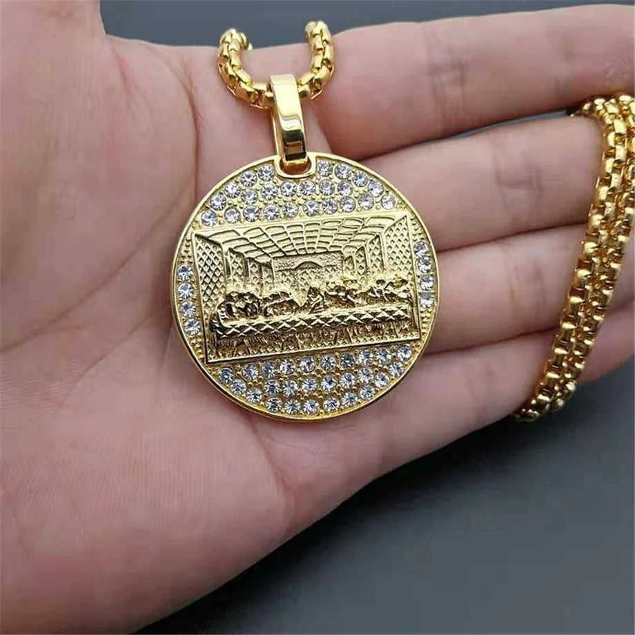 Stainless Steel Last Supper Pendant Gold Color Iced Out Bling Zircon Round Necklace For Men Father's Day Gift Hip Hop Jewelry
