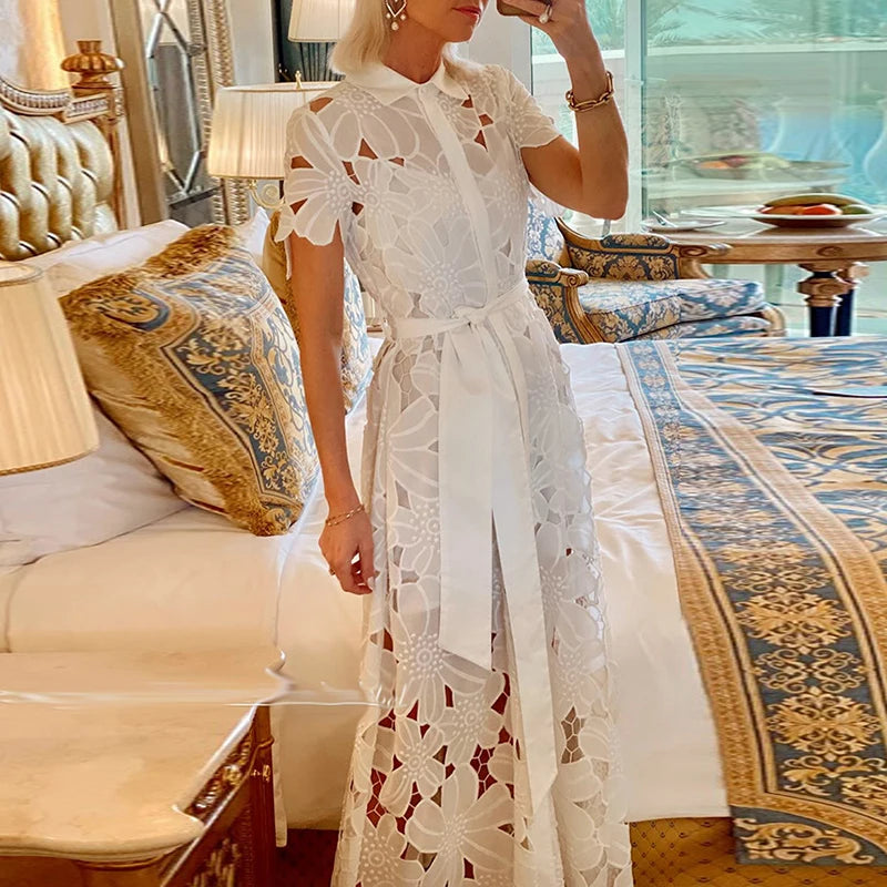 Summer Women's Lapel Tie Up Lace Dress Sexy Hollow Short Sleeved Single Breasted Long Dress Casual Solid Color Holiday Dresses