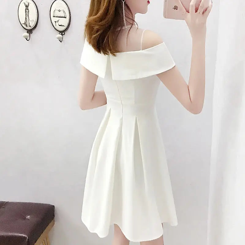 Women's Clothing White Off-Shoulder Dress New Summer Elegant Simple Style Slim Fit A-Line Midi Dress Fresh Chic Casual Fashion