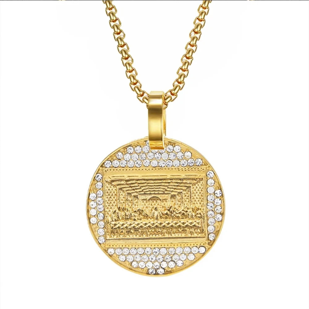 Stainless Steel Last Supper Pendant Gold Color Iced Out Bling Zircon Round Necklace For Men Father's Day Gift Hip Hop Jewelry