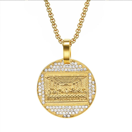 Stainless Steel Last Supper Pendant Gold Color Iced Out Bling Zircon Round Necklace For Men Father's Day Gift Hip Hop Jewelry