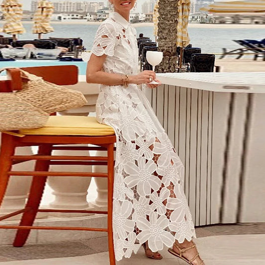 Summer Women's Lapel Tie Up Lace Dress Sexy Hollow Short Sleeved Single Breasted Long Dress Casual Solid Color Holiday Dresses