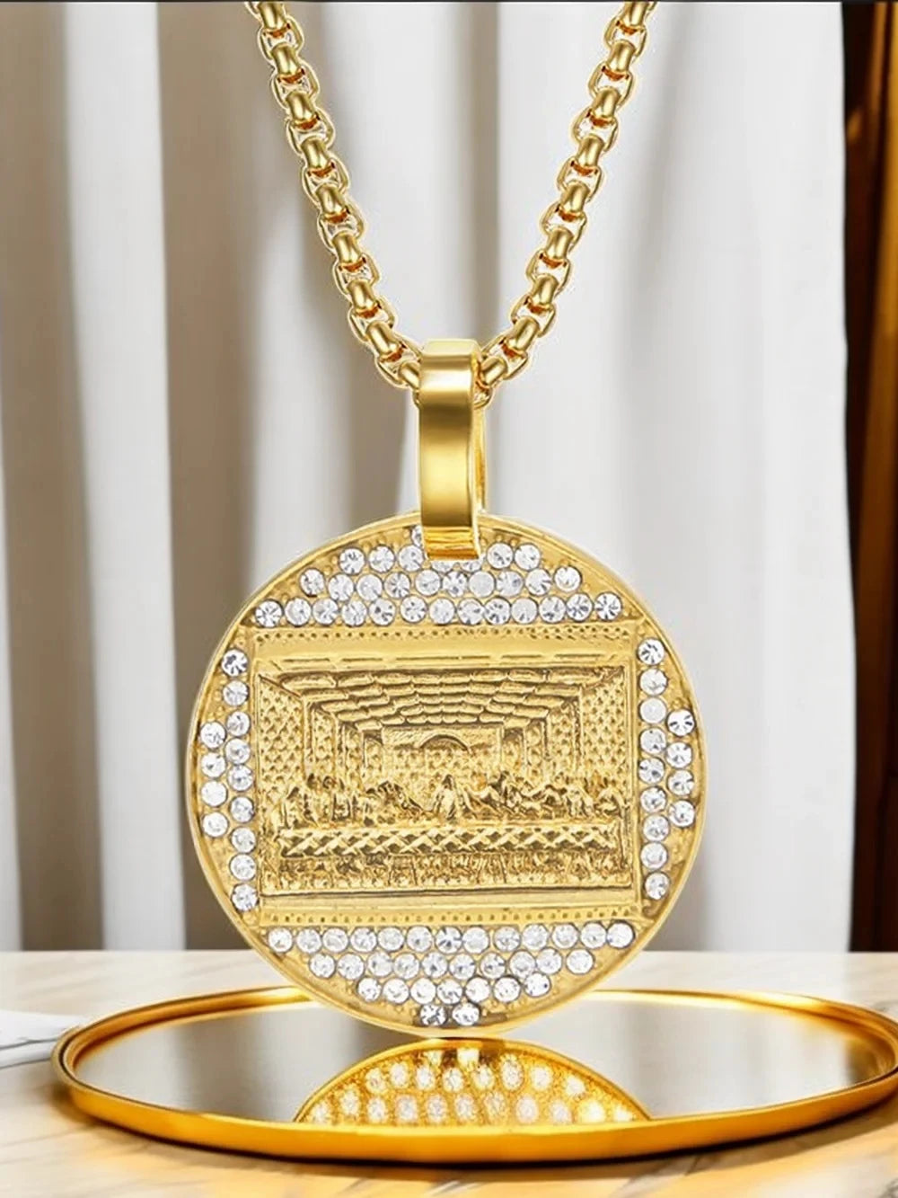 Stainless Steel Last Supper Pendant Gold Color Iced Out Bling Zircon Round Necklace For Men Father's Day Gift Hip Hop Jewelry